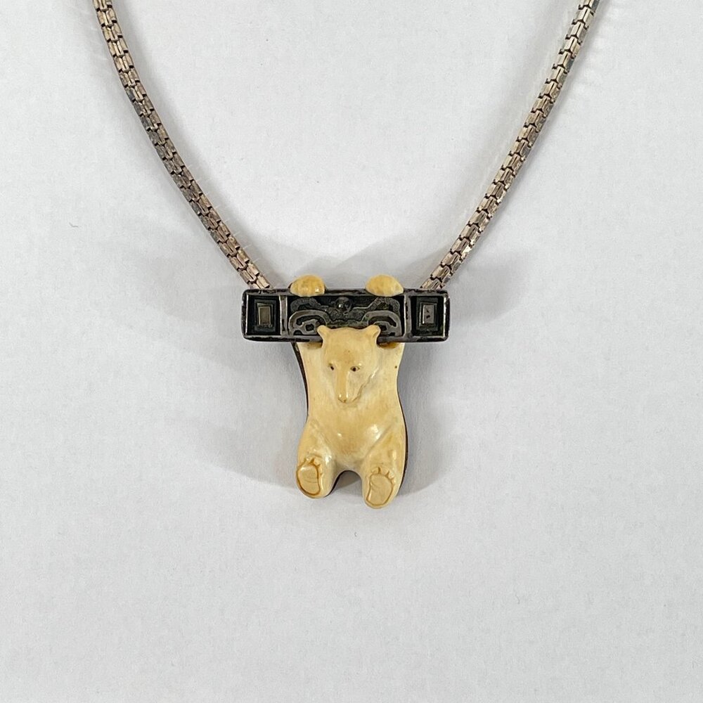 Signed Zealandia 925 Silver Hand Carved Hanging Bear Pin Pendant 950 Milor Chain